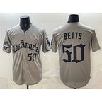 Los Angeles Dodgers #50 Mookie Betts Grey JEROMEN LA Gothic Style With 2025 World Series Champions Patch Limited Stitched Jersey