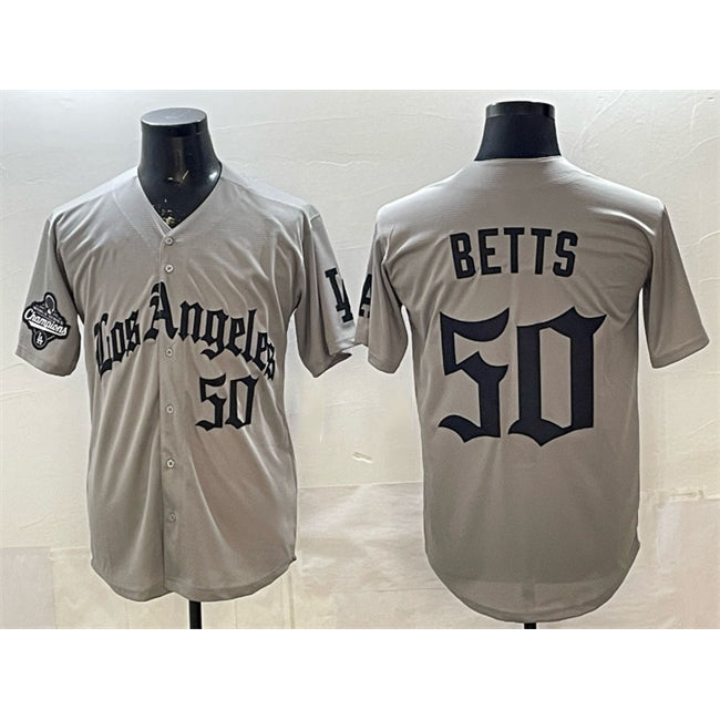 Los Angeles Dodgers #50 Mookie Betts Grey JEROMEN LA Gothic Style With 2025 World Series Champions Patch Limited Stitched Jersey