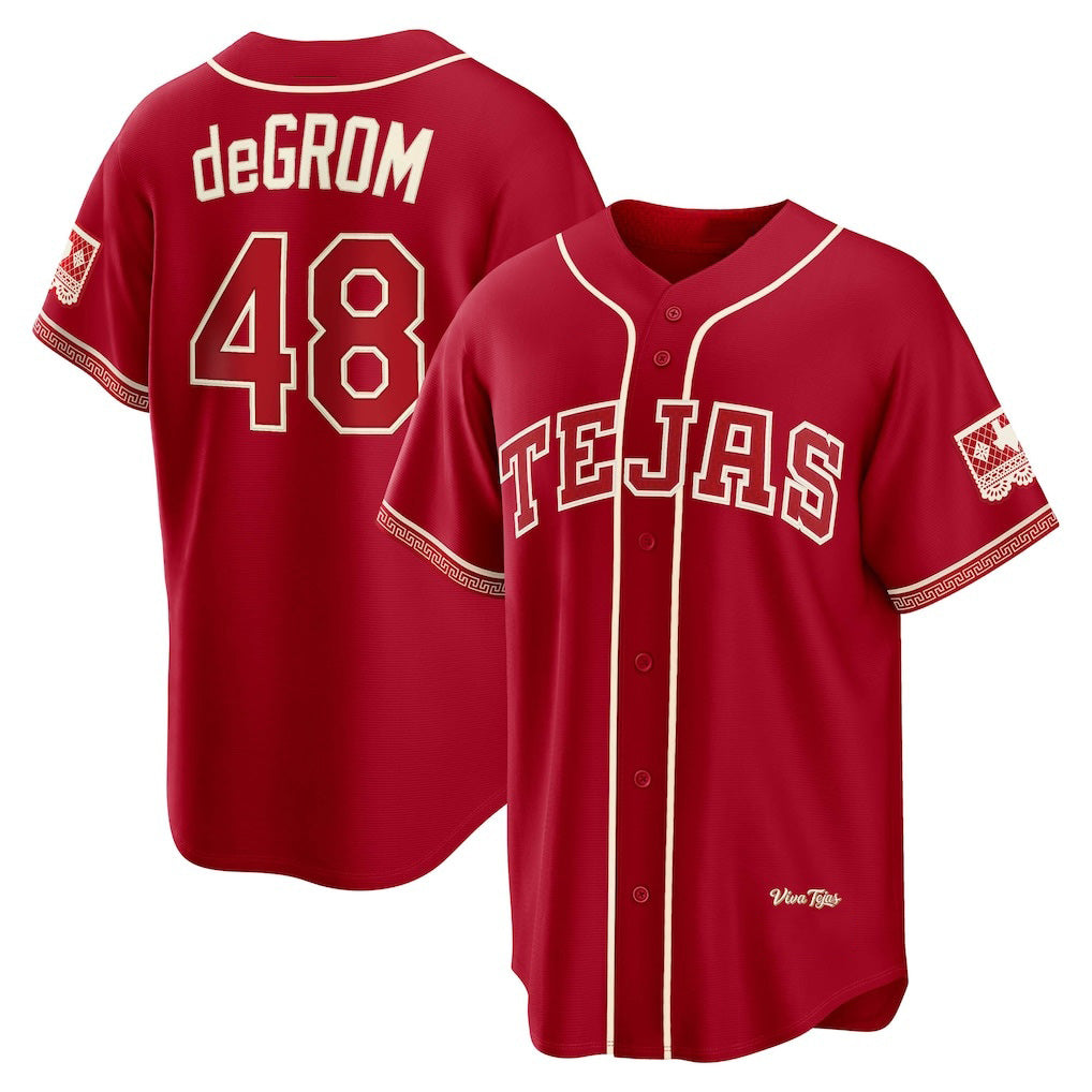 Texas Rangers #48 Jacob deGrom Red JEROMEN 2026 City Connect Stadium Jersey