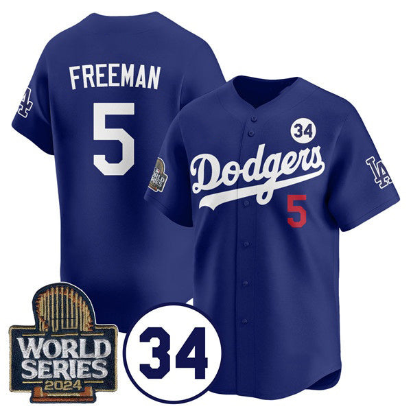 Los Angeles Dodgers #5 Freddie Freeman Royal JEROMEN 2024 World Series With No. 34 Patch Cool Base Stitched Jersey