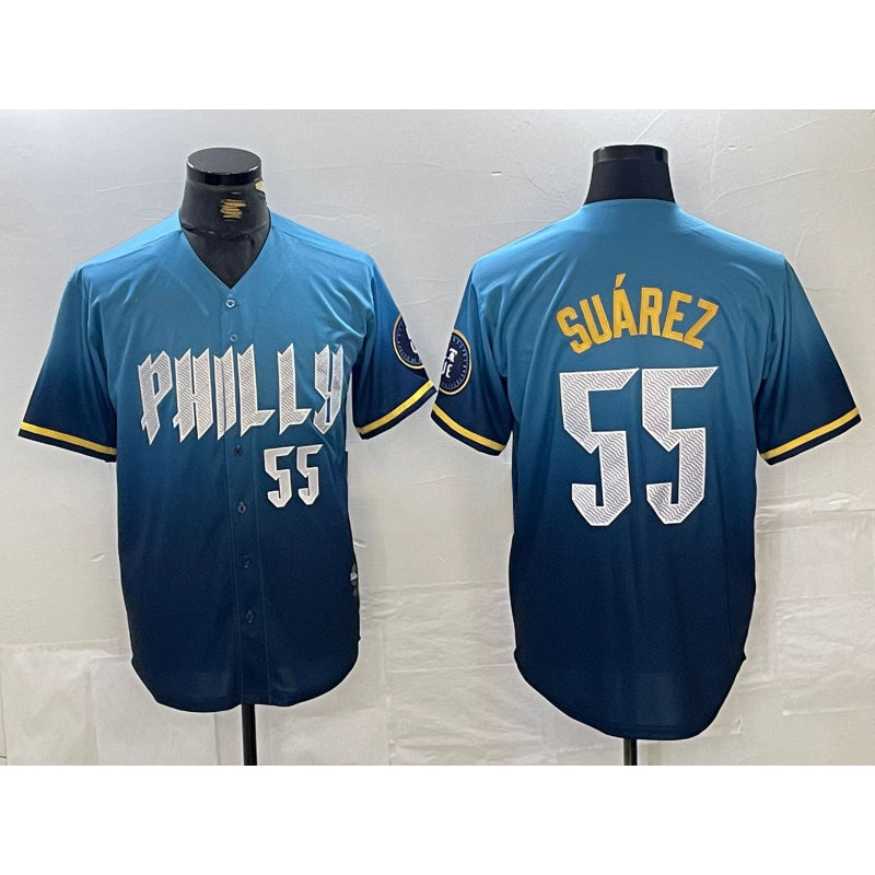 Philadelphia Phillies #55 Ranger Suarez Blue JEROMEN 2024 City Player Number Cool Base Jersey 2