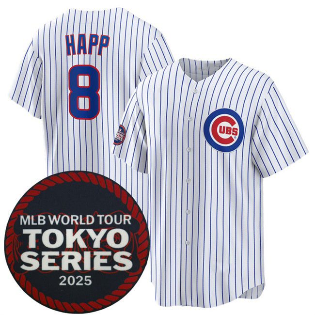 Chicago Cubs #8 Ian Happ White JEROMEN 2025 World Tour Tokyo Series Home Stitched Jersey