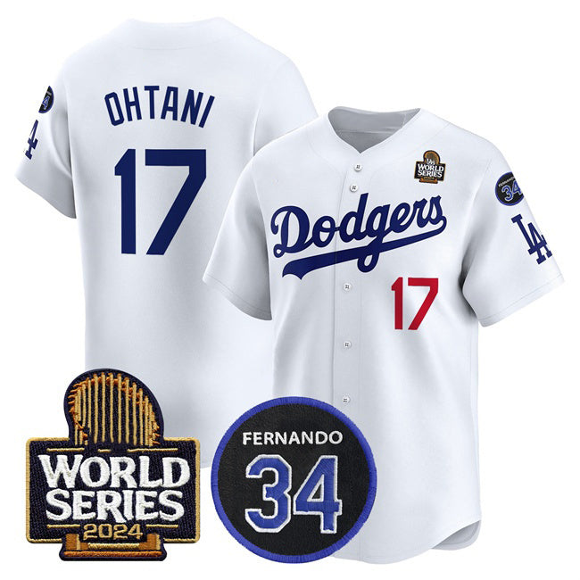 Los Angeles Dodgers #17 Shohei Ohtani White JEROMEN 2024 World Series With Fernando Memorial Patch Limited Stitched Jersey 2