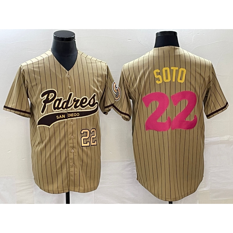 San Diego Padres #22 Juan Soto Number Tan JEROMEN Pinstripe 2023 City Connect Cool Base Stitched Jersey
