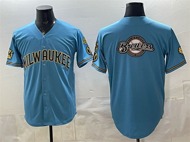 Milwaukee Brewers Team Big Logo Blue JEROMEN With Home & Bob Uecker Patch Stitched Jersey