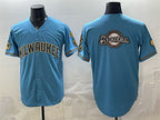 Milwaukee Brewers Team Big Logo Blue JEROMEN With Home & Bob Uecker Patch Stitched Jersey