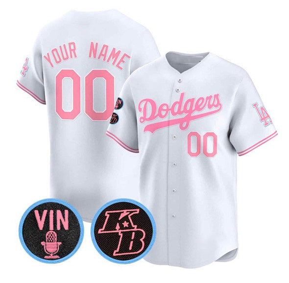 Custom Los Angeles Dodgers Active Player White Pink JEROMEN With Vin & Kobe Patch Limited Stitched Jersey