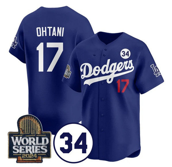 Los Angeles Dodgers #17 Shohei Ohtani Royal JEROMEN 2024 World Series With No. 34 Patch Cool Base Stitched Jersey