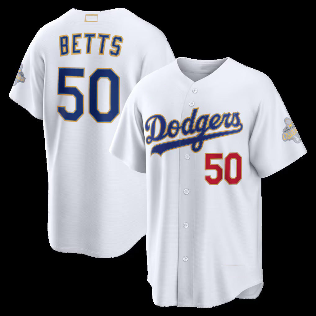 Los Angeles Dodgers #50 Mookie Betts White JEROMEN 2026 Gold Collection Stadium Jersey