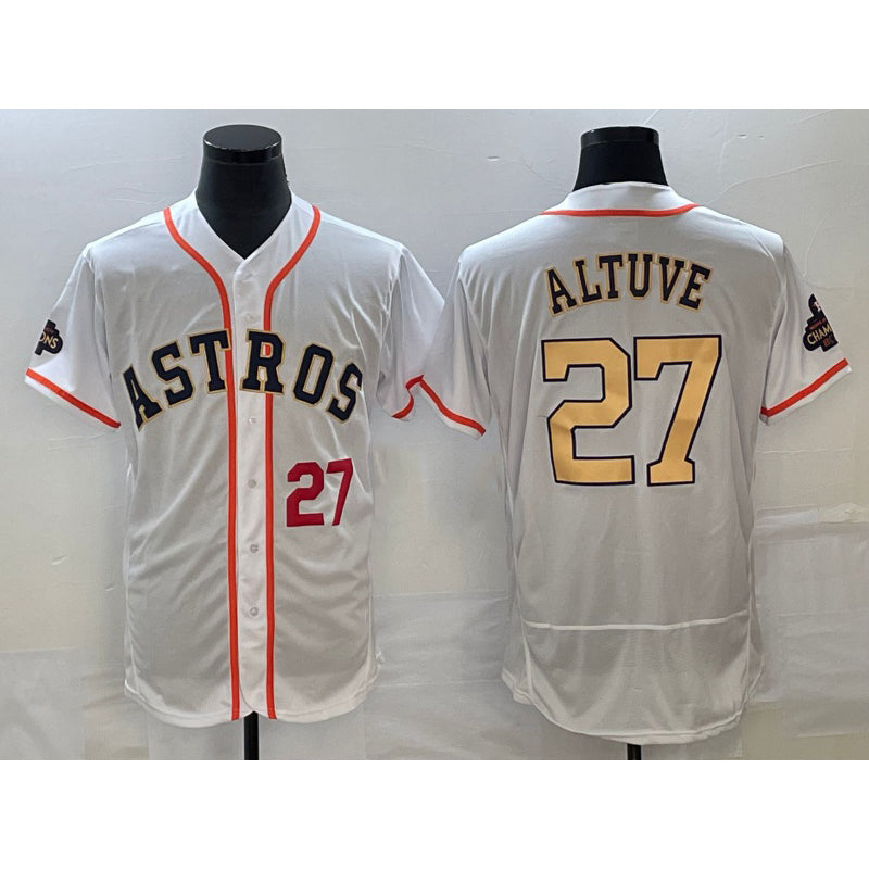 Houston Astros #27 Jose Altuve Number 2023 White JEROMEN Gold World Serise Champions Patch Flex Base Stitched Jersey