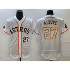 Houston Astros #27 Jose Altuve Number 2023 White JEROMEN Gold World Serise Champions Patch Flex Base Stitched Jersey
