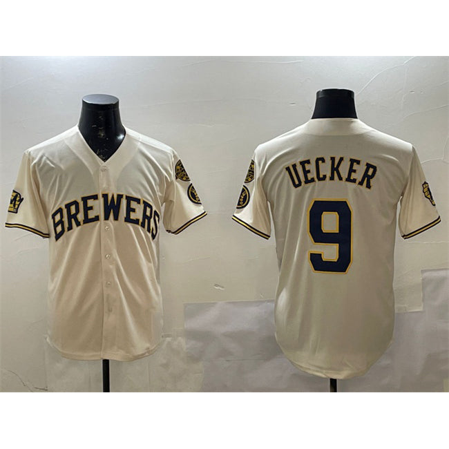 Milwaukee Brewers #9 Bob Uecker Cream JEROMEN With Home Patch Stitched Jersey