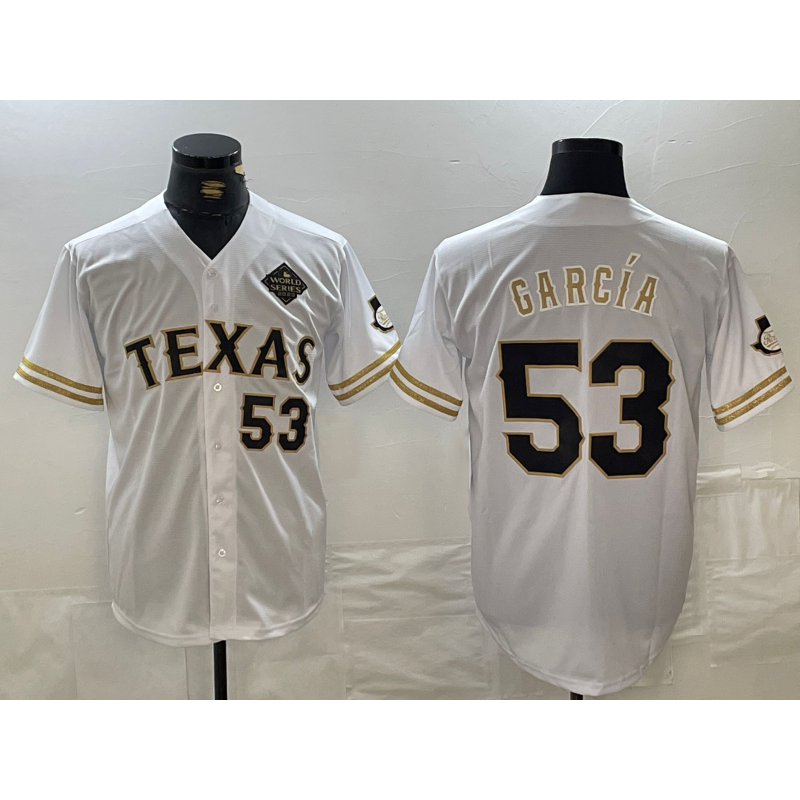 Texas Rangers #53 Adolis Garcia Number White JEROMEN Gold Cool Base Stitched Jersey
