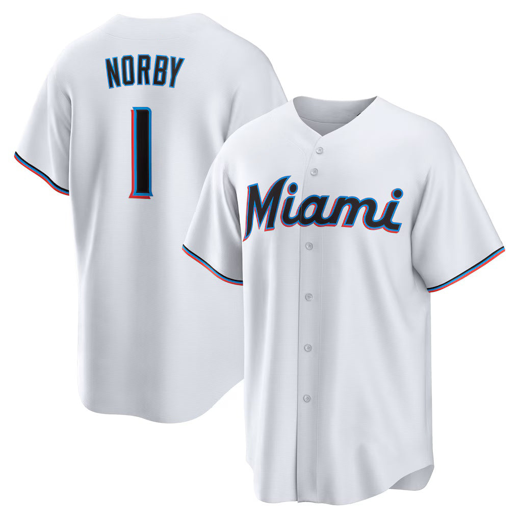 Miami Marlins #1 Connor Norby White JEROMEN Home Replica Jersey