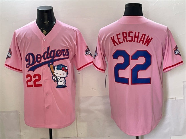 Los Angeles Dodgers #22 Clayton Kershaw Pink JEROMEN Hello Kitty Night 2025 World Series Champions Patch Stitched Jersey