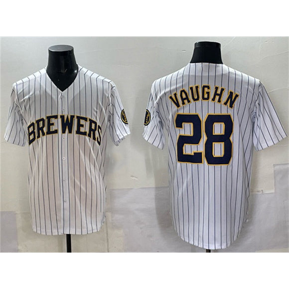 Milwaukee Brewers #28 Andrew Vaughn White JEROMEN Pinstripe 2025 With Patch Stitched Jersey