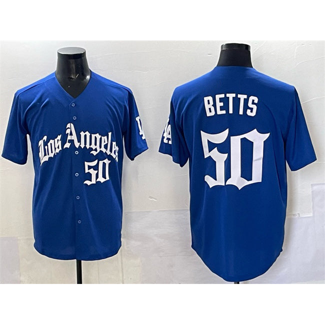 Los Angeles Dodgers #50 Mookie Betts Blue JEROMEN 2025 LA Gothic Style With Fernando Patch Vapor Premier Limited Stitched Jersey
