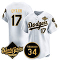 Los Angeles Dodgers #17 Shohei Ohtani White Gold JEROMEN 2025 World Series With No.34 Patch Limited Stitched Jersey