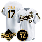 Los Angeles Dodgers #17 Shohei Ohtani White Gold JEROMEN 2025 World Series With No.34 Patch Limited Stitched Jersey