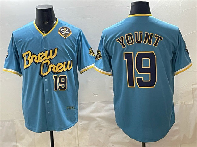Milwaukee Brewers #19 Robin Yount Powder Blue JEROMEN City Connect With Home & Bob Uecker Patch Limited Stitched Jersey
