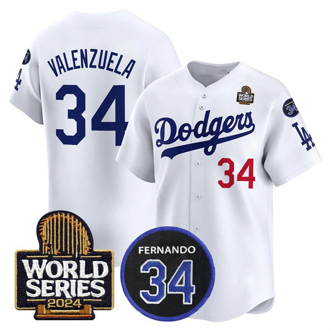 Los Angeles Dodgers #34 Toro Valenzuela White JEROMEN 2024 World Series With Fernando Memorial Patch Limited Stitched Jersey