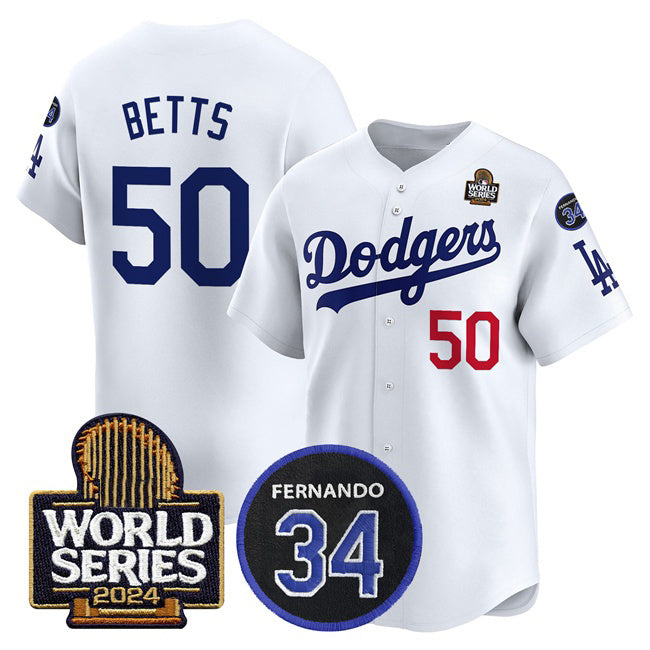 Los Angeles Dodgers #50 Mookie Betts White JEROMEN 2024 World Series With Fernando Memorial Patch Limited Stitched Jersey
