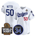 Los Angeles Dodgers #50 Mookie Betts White JEROMEN 2024 World Series With Fernando Memorial Patch Limited Stitched Jersey