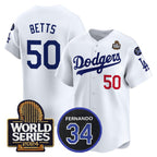 Los Angeles Dodgers #50 Mookie Betts White JEROMEN 2024 World Series With Fernando Memorial Patch Limited Stitched Jersey