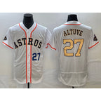 Houston Astros #27 Jose Altuve Number 2023 White JEROMEN Gold World Serise Champions Patch Flex Base Stitched Jersey 2