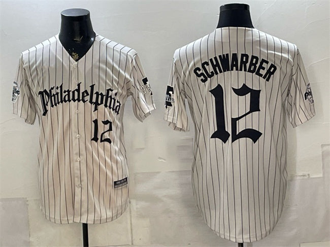 Philadelphia Phillies #12 Kyle Schwarber Cream JEROMEN Pinstripe Gothic Vapor Limited Stitched Jersey