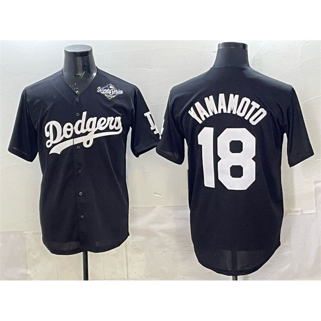 Los Angeles Dodgers #18 Yoshinobu Yamamoto Black JEROMEN 2025 World Series Patch Cool Base Stitched Jersey