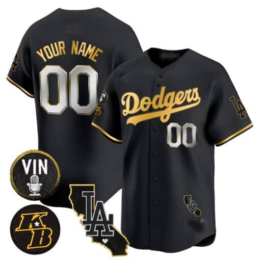 Custom Los Angeles Dodgers Vin Patch & Kobe Bryant Gold Trim Vapor Premier Limited Jersey V2 ¨C All Stitched-Black JEROMEN