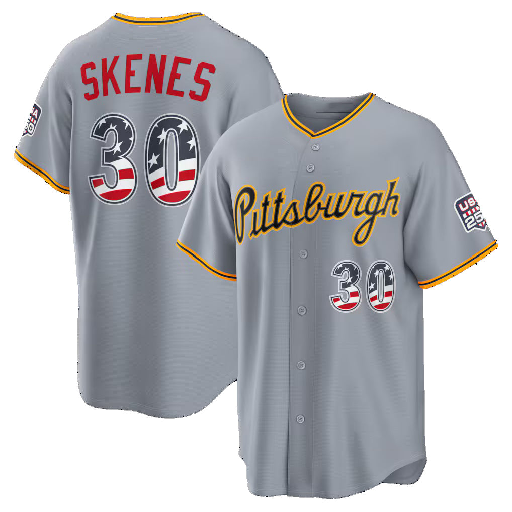 Pittsburgh Pirates #30 Paul Skenes USA 250 Fourth of July Road Stadium Jersey - Gray JEROMEN