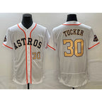 Houston Astros #30 Kyle Tucker Number 2023 White Gold JEROMEN World Serise Champions Patch Flex Base Stitched Jersey 2