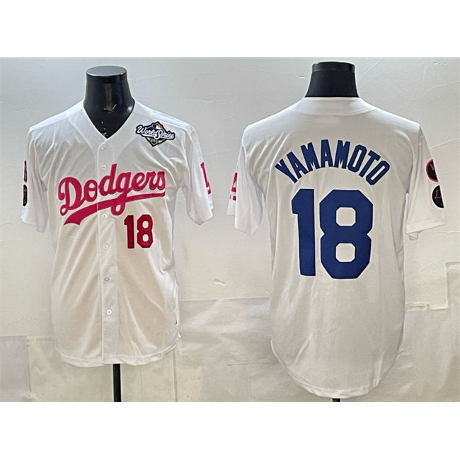 Los Angeles Dodgers #18 Yoshinobu Yamamoto White JEROMEN Pink 2025 World Series Vin & Kobe Patch Limited Stitched Jersey
