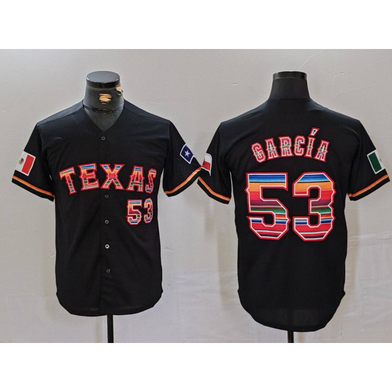 Texas Rangers #53 Adolis Garcia Black JEROMEN Rainbow Mexico Cool Base Stitched Jersey
