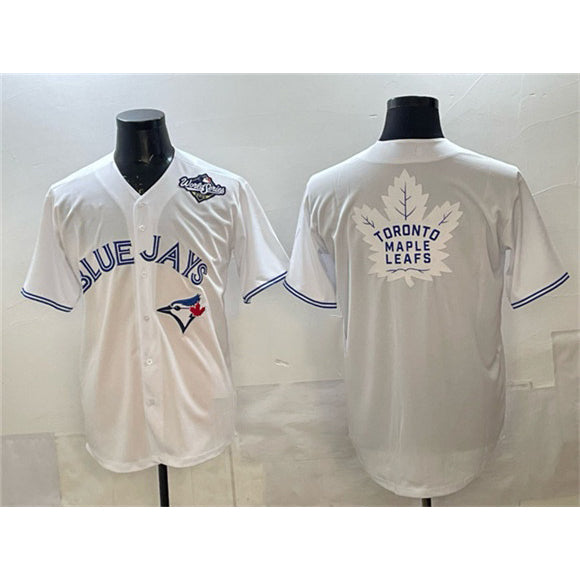 Toronto Blue Jays & Leafs White JEROMEN 2025 World Series With White Leafs Logo Cool Base Stitched Jersey