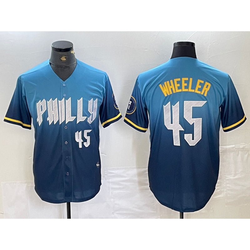 Philadelphia Phillies #45 Zack Wheeler Blue JEROMEN 2024 City Player Number Cool Base Stitched Jersey 2