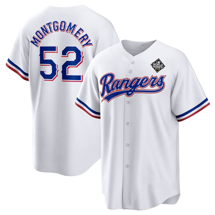 Texas Rangers #52 Jordan Montgomery White JEROMEN 2023 World Series Stitched Jersey