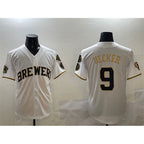 Milwaukee Brewers #9 Bob Uecker White Gold JEROMEN With Home Patch Limited Stitched Jersey