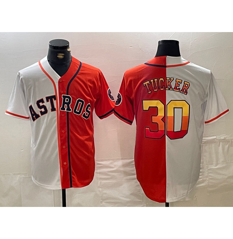Houston Astros #30 Kyle Tucker White Orange JEROMEN Split Stitched Jersey 2