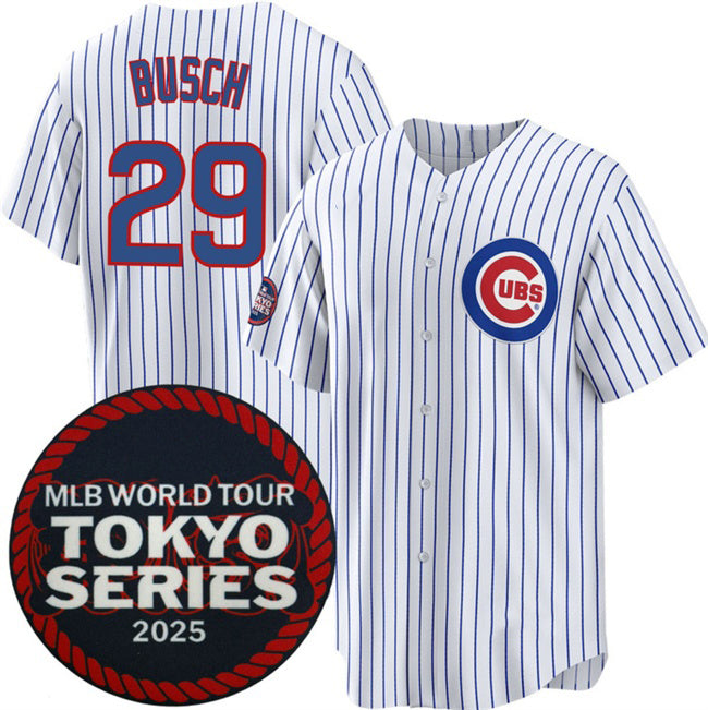 Chicago Cubs #29 Michael Busch White JEROMEN 2025 World Tour Tokyo Series Home Stitched Jersey