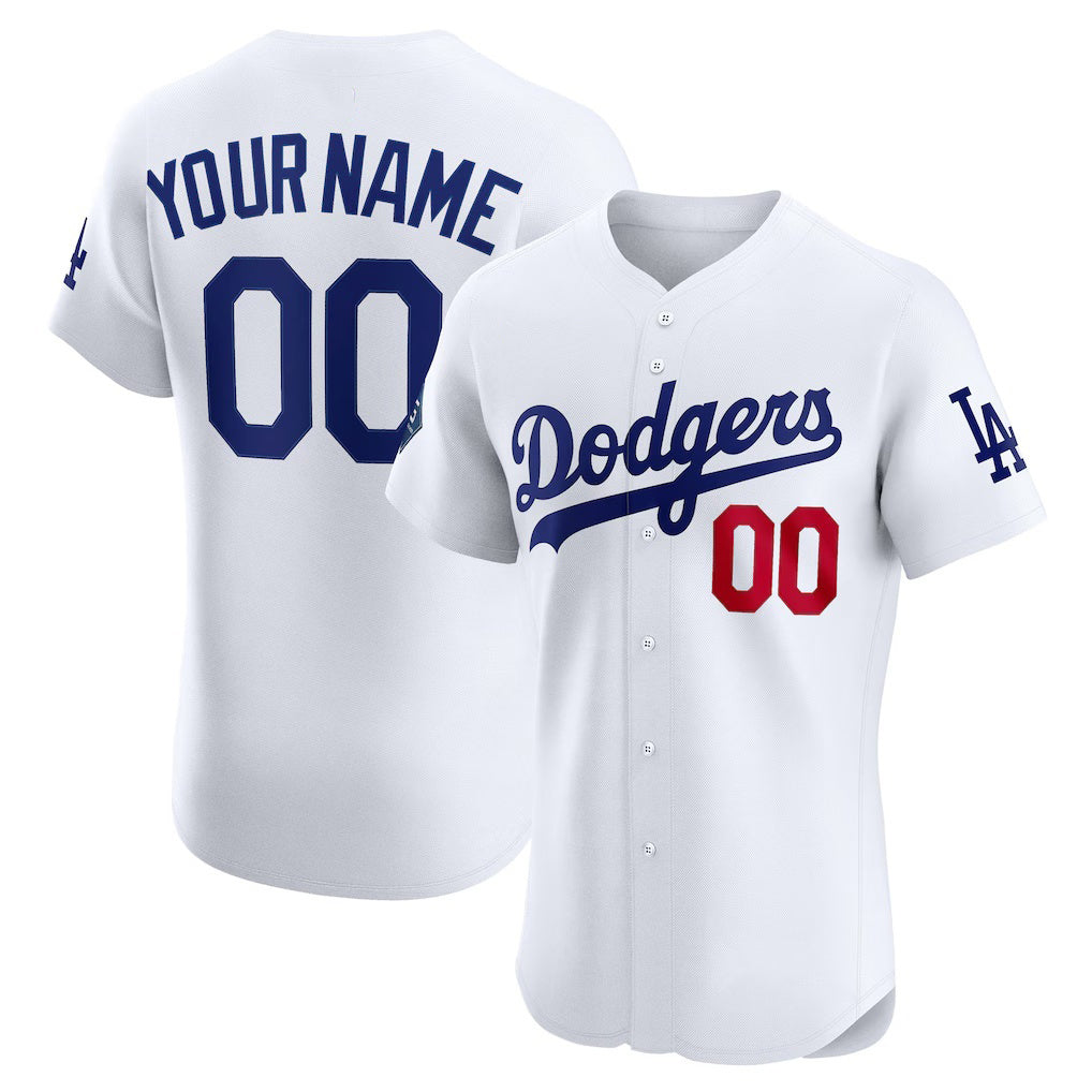 Custom Los Angeles Dodgers White JEROMEN Home Elite Sponsor Patch Jersey