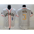 Houston Astros #3 Jeremy Pena Number 2023 White Gold JEROMEN World Serise Champions Patch Flex Base Stitched Jersey 3