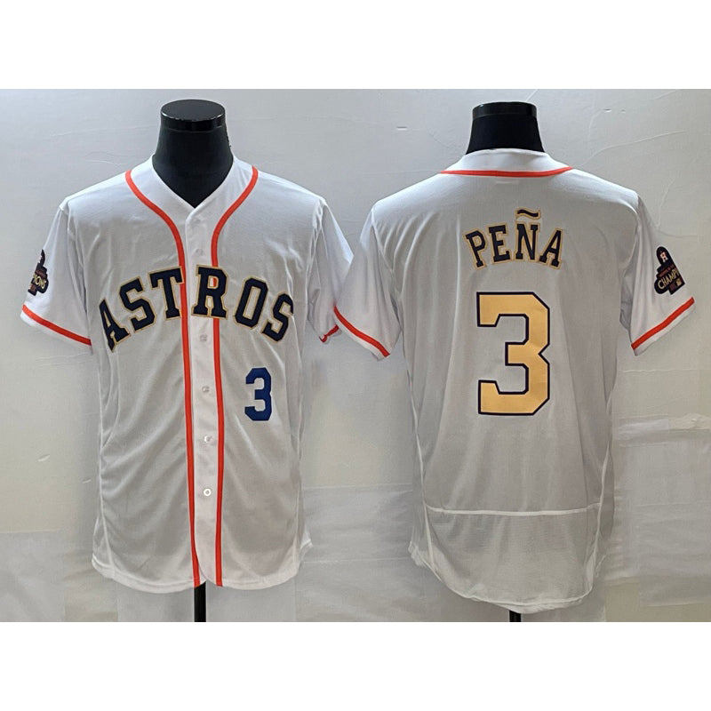 Houston Astros #3 Jeremy Pena Number 2023 White Gold JEROMEN World Serise Champions Patch Flex Base Stitched Jersey 3