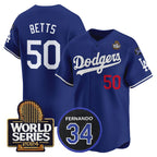Los Angeles Dodgers #50 Mookie Betts Royal JEROMEN 2024 World Series With Fernando Memorial Patch Limited Stitched Jersey