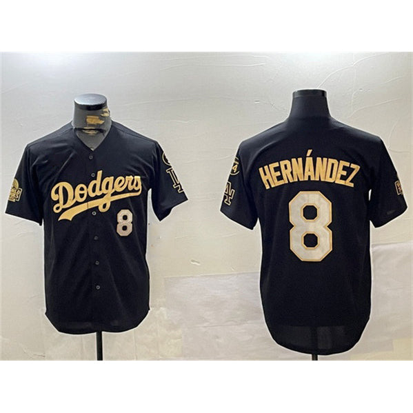 Los Angeles Dodgers #8 Enrique Hern¨¢ndez Black Gold JEROMEN 2024 World Series With Fernando Memorial Patch Home Limited Stitched Jersey