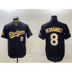 Los Angeles Dodgers #8 Enrique Hern¨¢ndez Black Gold JEROMEN 2024 World Series With Fernando Memorial Patch Home Limited Stitched Jersey