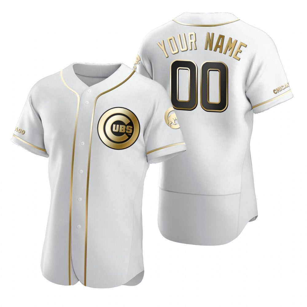 Custom Chicago Cubs White JEROMEN Stitched Flex Base Golden Edition Jersey