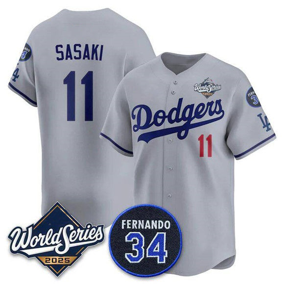Los Angeles Dodgers #11 R¨­ki Sasaki Gray JEROMEN 2025 World Series With No. 34 Patch Limited Stitched Jersey